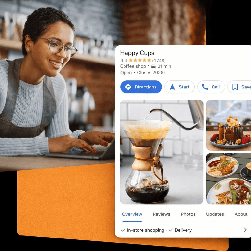 Google Business Profile in action - barista with laptop and Happy Cups coffee shop listing